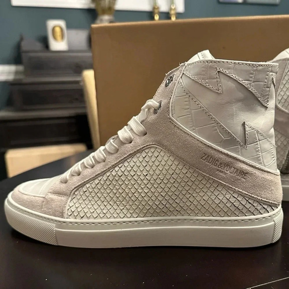 NIB Zadig & Voltaire High Flash Keith Leather Sneaker White Snake Croc Suede 38 - Picture 1 of 13